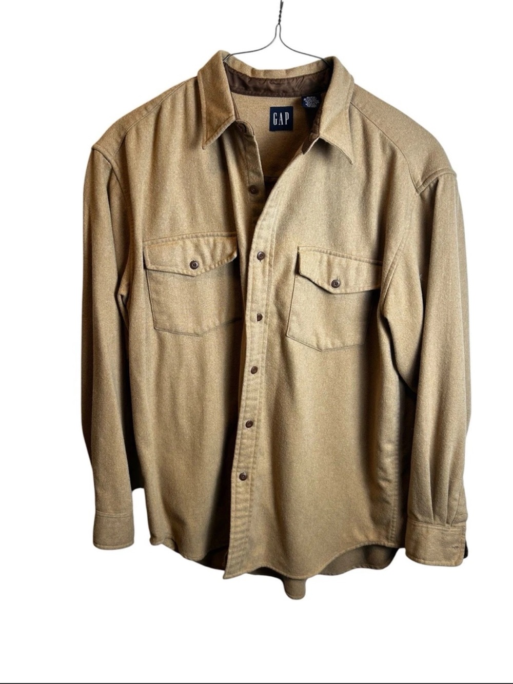 Vintage GAP 70% Wool Flannel Shirt Tan Camel Button Down Size L